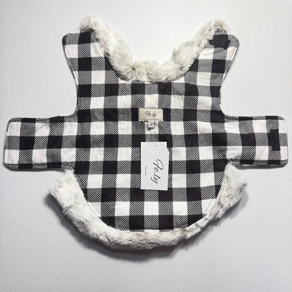 Buffalo Plaid Dog Coat with Fur Trim Stylish Winter Jacket for Pets Size Medium